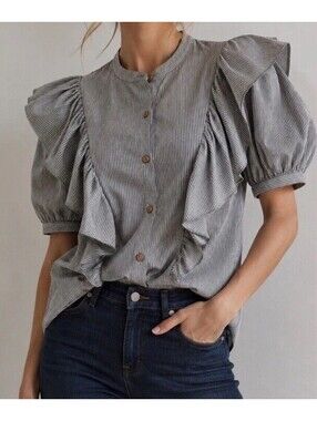 Saylor Womens Cotton Blend Striped Ruffle Puff Sleeve Blouse Top Gray Small $178